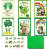 Treasure Cove St Patricks Day Cards Green Cartoon Animal Greeting Card with Envelopes and Stickers for Irish Holiday Supplies Party Favors 12Pcs