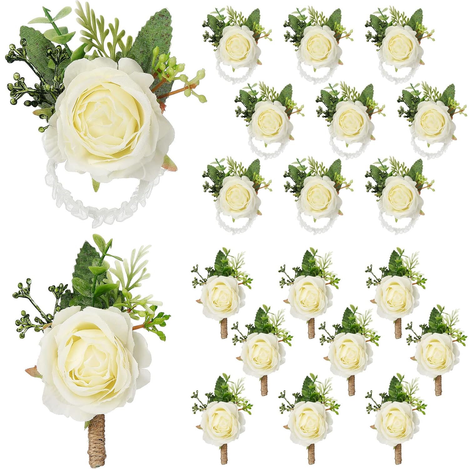 20 Pcs Rose Wrist Corsage And Boutonniere Set Flower Wrist Corsage Wristlet Band Bracelet Bridegroom Men'S Boutonniere Wedding Wristlet Hand Flower For Prom Party Bouquets (White)