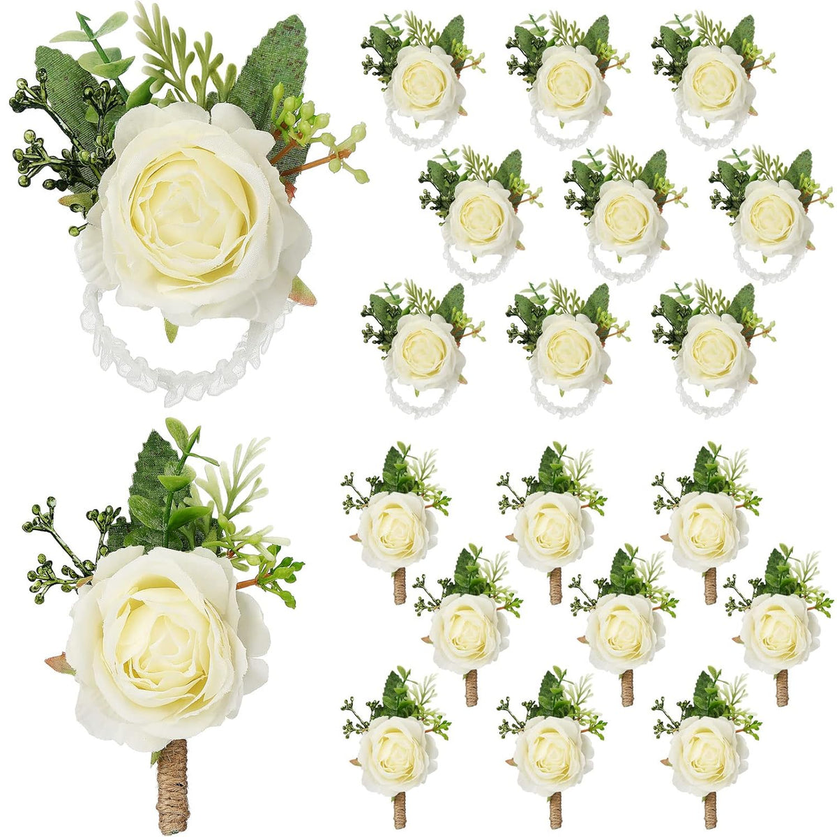 36 Pcs White Corsage And Boutonniere Set Includes Wrist Corsage Wristlet And Ivory Boutonniere For Men Wedding Flower Bracelet Homecoming For Wedding Ceremony Prom Suit Decorations