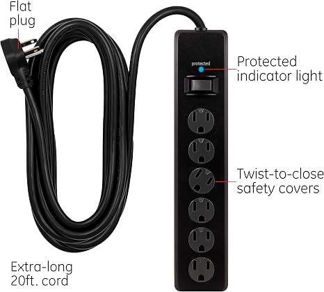 Surge Protector Power Strip 6 Outlets 3 USB Ports 20FT Flat Plug Extension Cord Black