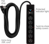 Surge Protector Power Strip 6 Outlets 3 USB Ports 20FT Flat Plug Extension Cord Black