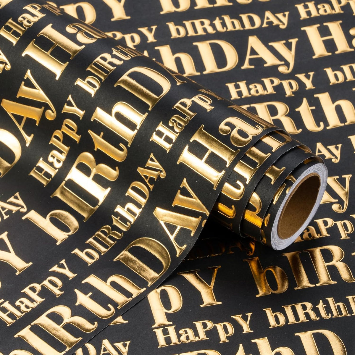 3D Kraft Birthday Wrapping Paper Roll - Mini Roll - 17 Inch X 16.5 Feet - Gold And Black Happy Birthday Lettering Design With Embossed Perfect For Holiday, Party Celebration