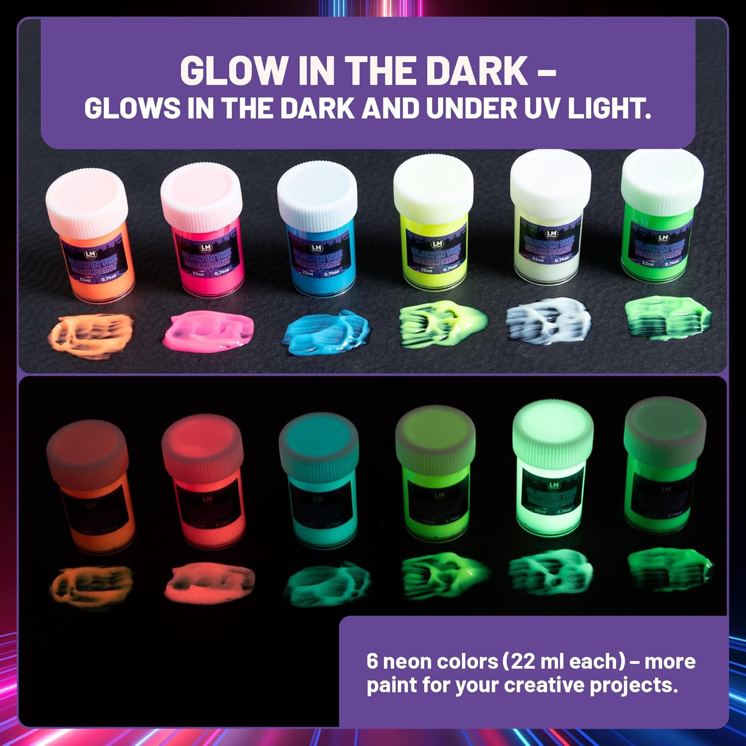Glow In The Dark Paint Set – 6 Fluorescent Neon Colors (0,74 Fl. Oz. Each) – Neon Acrylic Luminous Paints – Suitable For Wood, Canvas, Glass, Paper – Blacklight Paints For Diy Projects