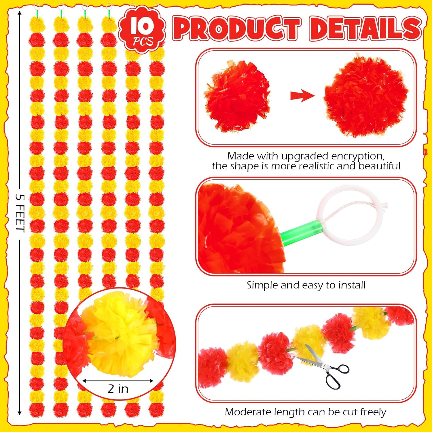 10 Pcs 5 Ft Marigold Garland Diwali Marigold Garlands Decoration Indian Flowers For Decoration Artificial Flowers For Day Of The Dead Altar Wedding Party,Red And Yellow