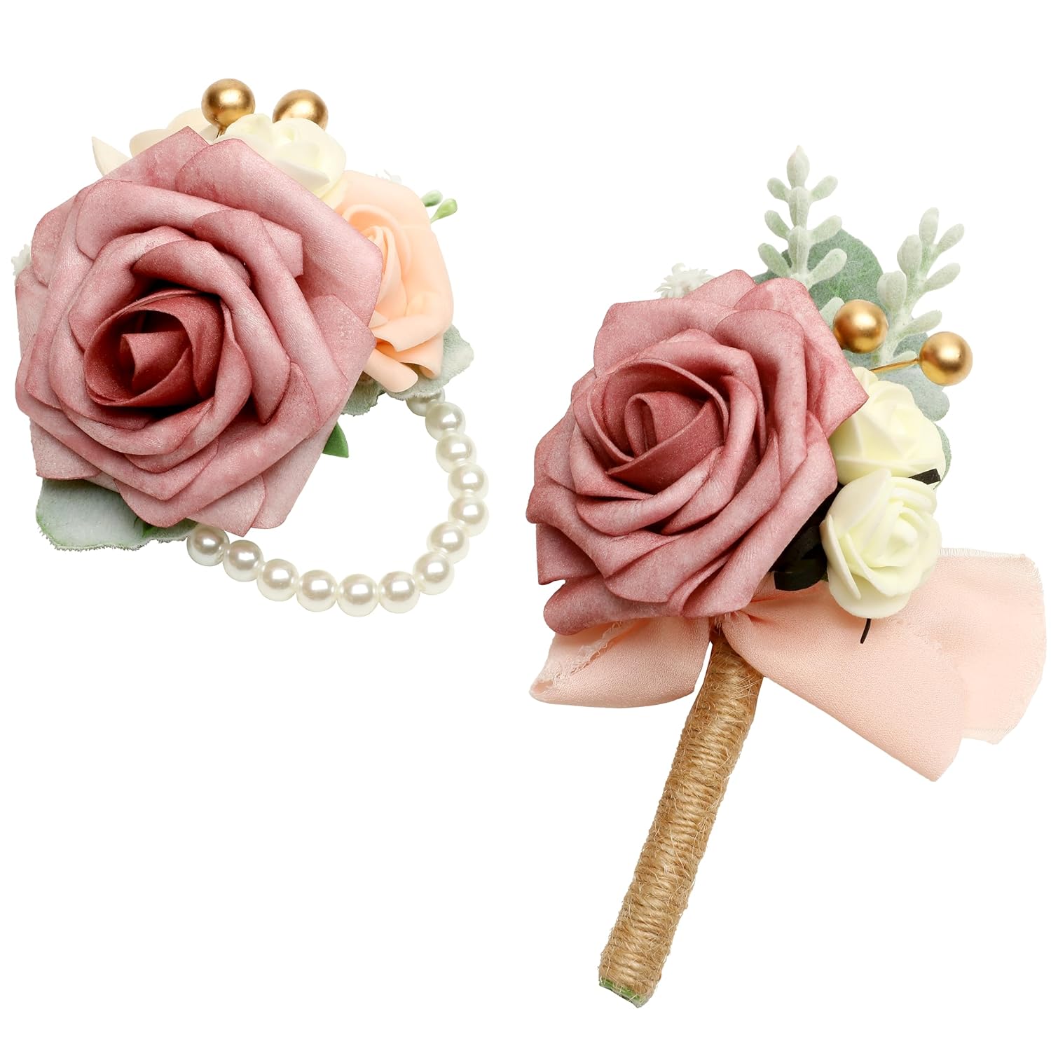 Artificial Wrist Corsage And Boutonniere Flowers, 1 Set, Real Touch Soft Foam Rose For Wedding, Prom, Party, Bridal Shower, Anniversary, Festival Decorations, Dusty Rose