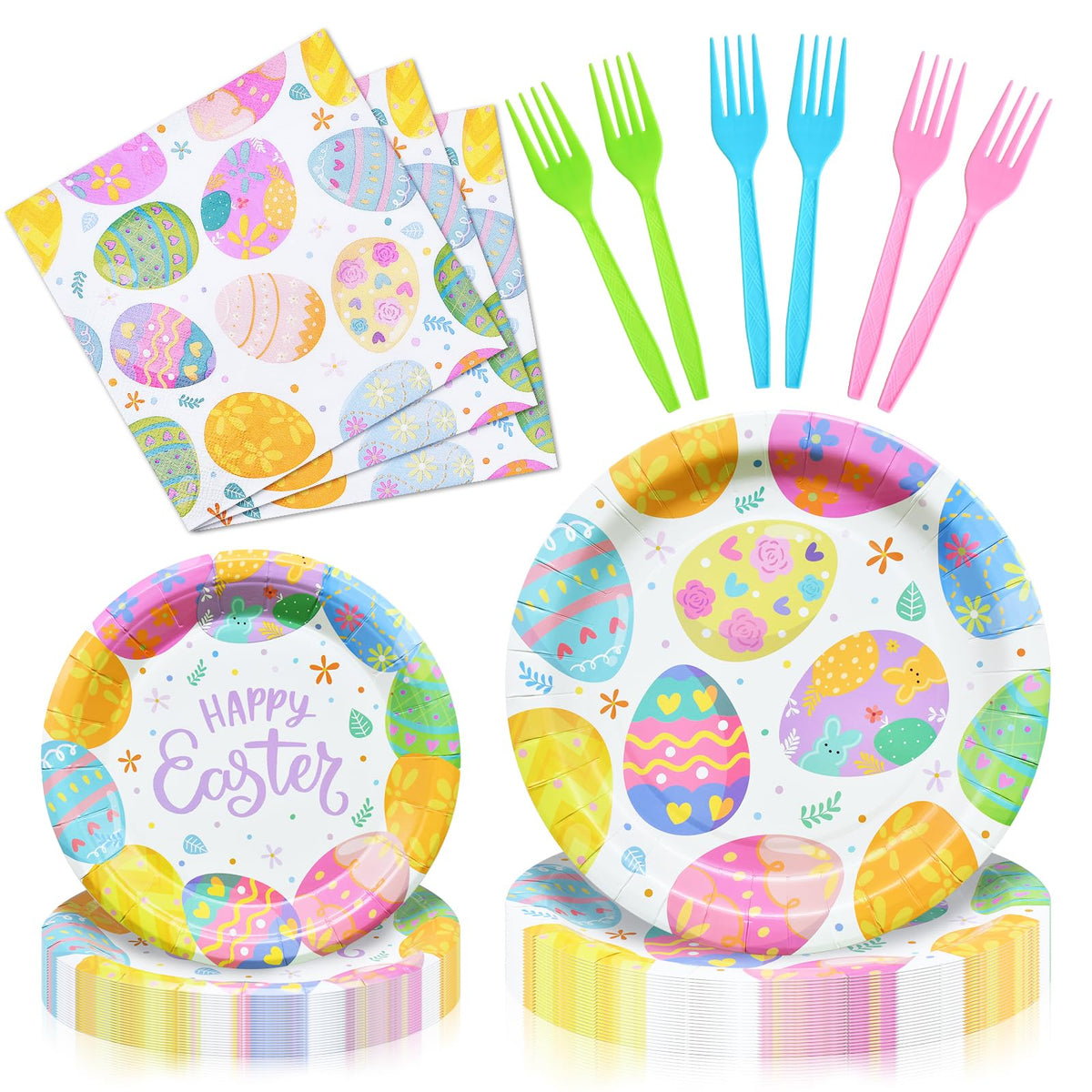96 Pieces Easter Tableware Set Party Supplies - Happy Easter Colorful Eggs Pattern Disposable Paper Plates, Napkins, Forks Dinnerware for Spring Celebrations, Picnics, Serves 24 Guests