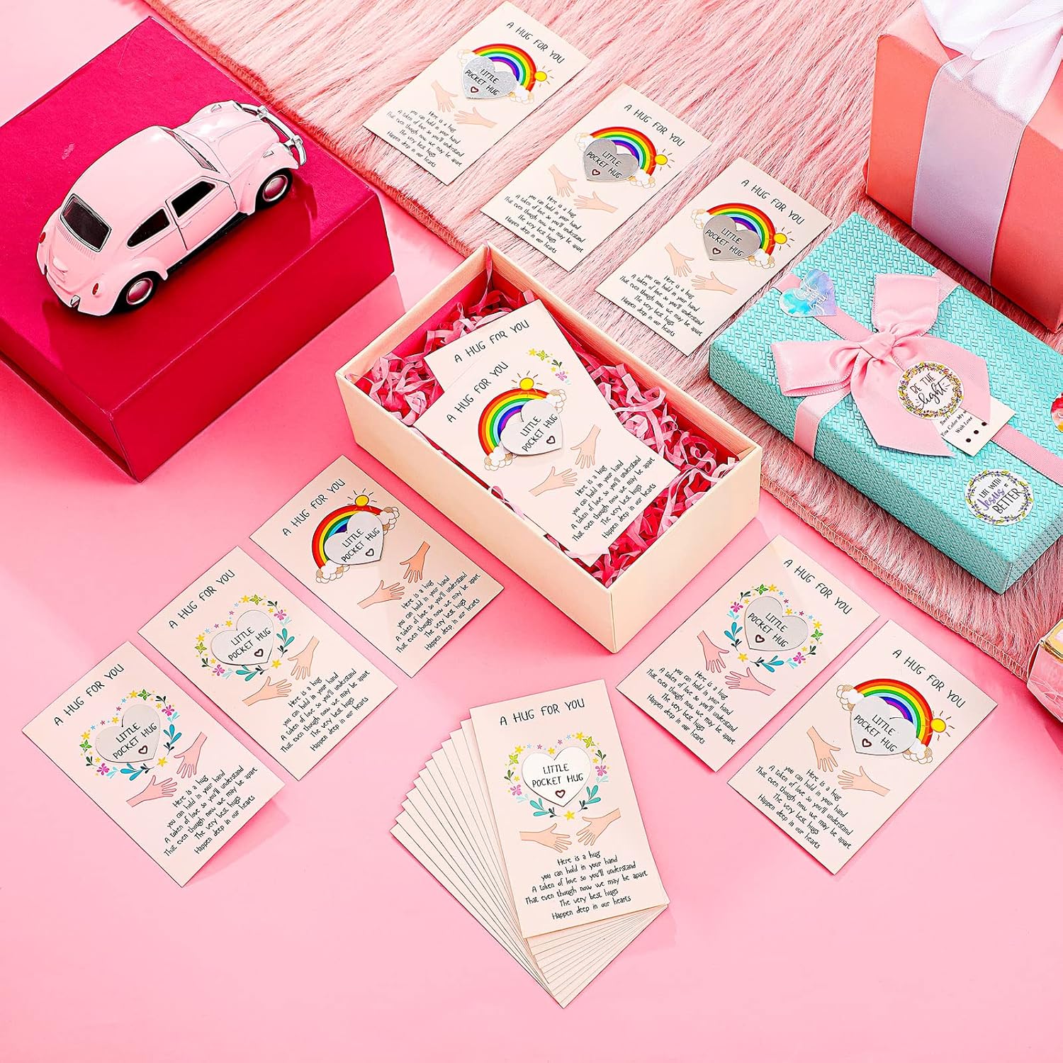 40 Sets Little Heart Pocket Hug Token Metal Heart Token Hug Card Greeting Cards Keepsake For Friends Colleagues Family Distance Social Present During Lockdown (Silver)