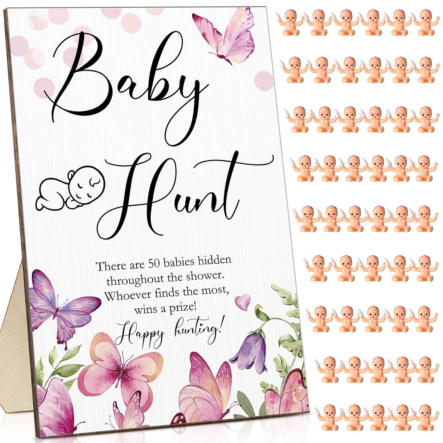51 Pieces Baby Shower Games Include Wooden Hunt Sign 50 Mini Plastic Baby Shower Games Gender Reveal Party Favors Prizes For Game(Butterfly Style)