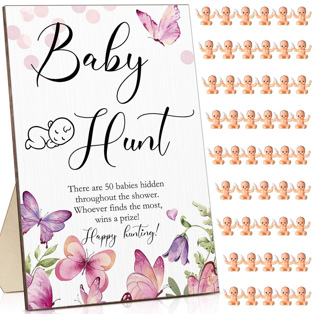 51 Pieces Baby Shower Games Include Wooden Hunt Sign 50 Mini Plastic Baby Shower Games Gender Reveal Party Favors Prizes For Game(Butterfly Style)
