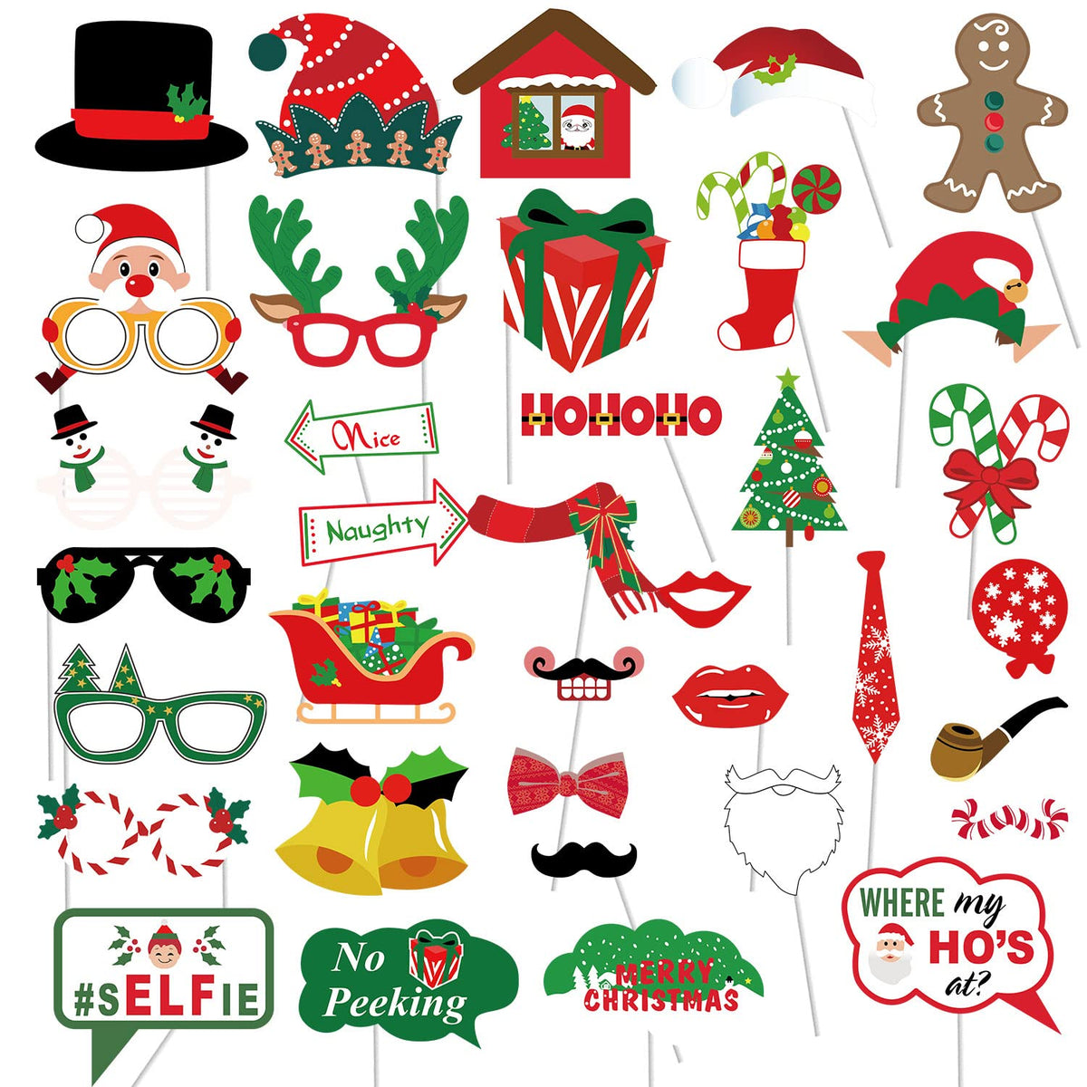Christmas Photo Booth Props 36Pcs?Upgraded Version?, Merry Christmas Party Pose Sign, Red And Green Christmas Party Supplies Decorations For Kids Adults