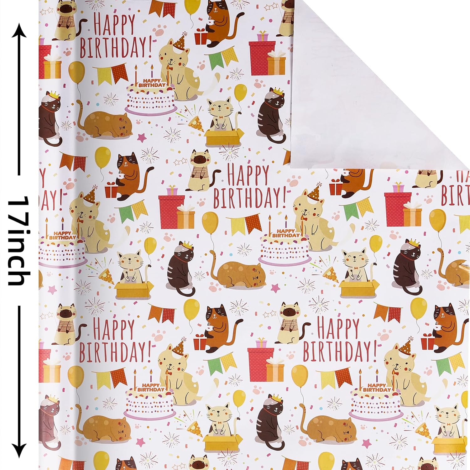 Cat Wrapping Paper 17 Inch X 10 Ft Mini Roll For Girls And Boys, Cool Cute Cats Design Kids Happy Birthday Wrapping Paper Roll Kitten Gift Wrap Paper, Suitable For Birthdays, Parties, Baby Showers