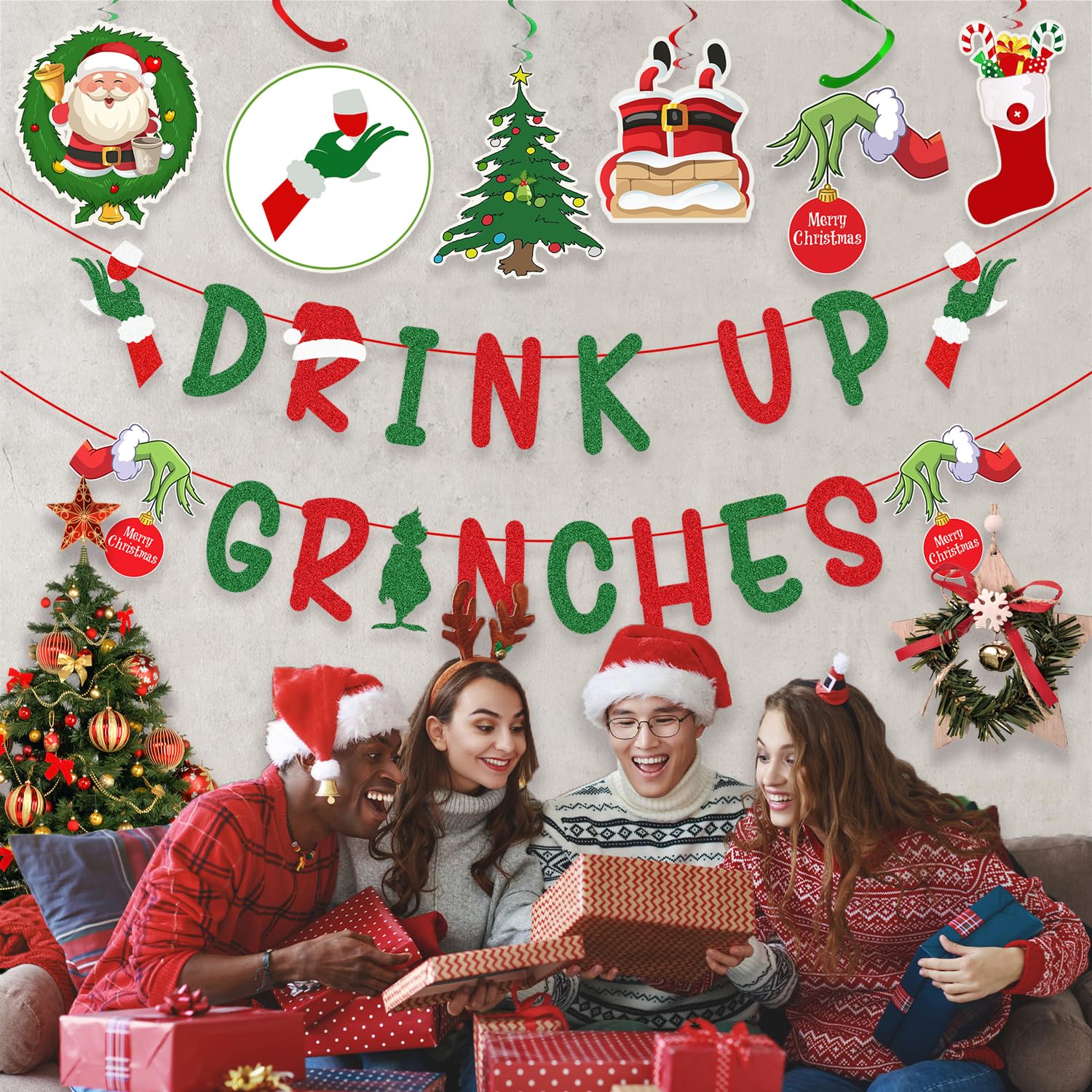 Christmas Decorations – Glittery Drink Up Grinches Banner, Hanging Swirls With Xmas Ornaments For Christmas Party Decor