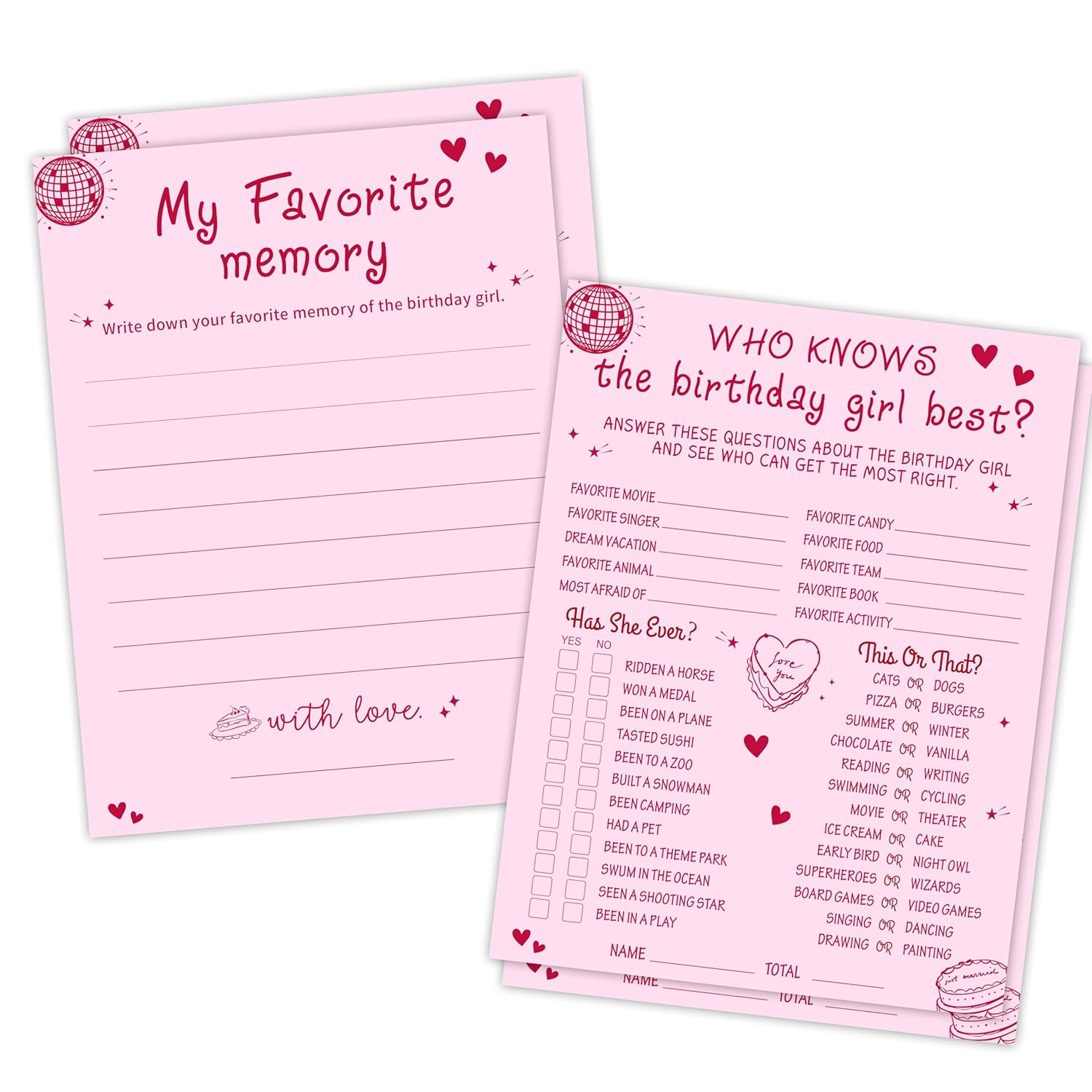 Who Knows The Birthday Girl Best & Favorite Memory - 20Pcs Birthday Double-Sided Game Cards - Pink Full Print Birthday Game Cards For Girls - Birthday,Sleepover Party & Acticities Supplies - A01