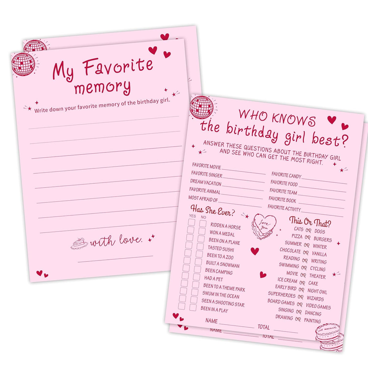 Who Knows The Birthday Girl Best & Favorite Memory - 20Pcs Birthday Double-Sided Game Cards - Pink Full Print Birthday Game Cards For Girls - Birthday,Sleepover Party & Acticities Supplies - A01