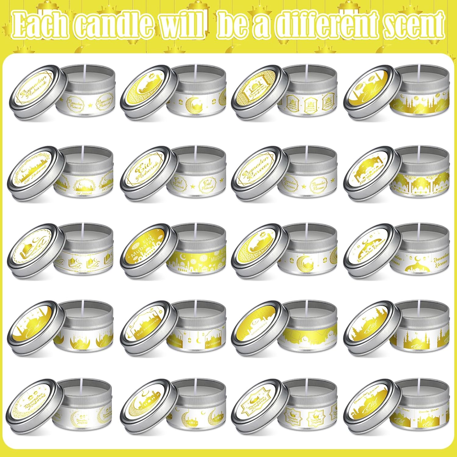 20 Pcs Eid Mubarak Candles Muslim,Islam Meditation,1 Ounce Ramadan Scented Wax Candles,Allah Assorted Scent Gift For Family Wedding Holiday Celebration Party Supplies (White Gold)