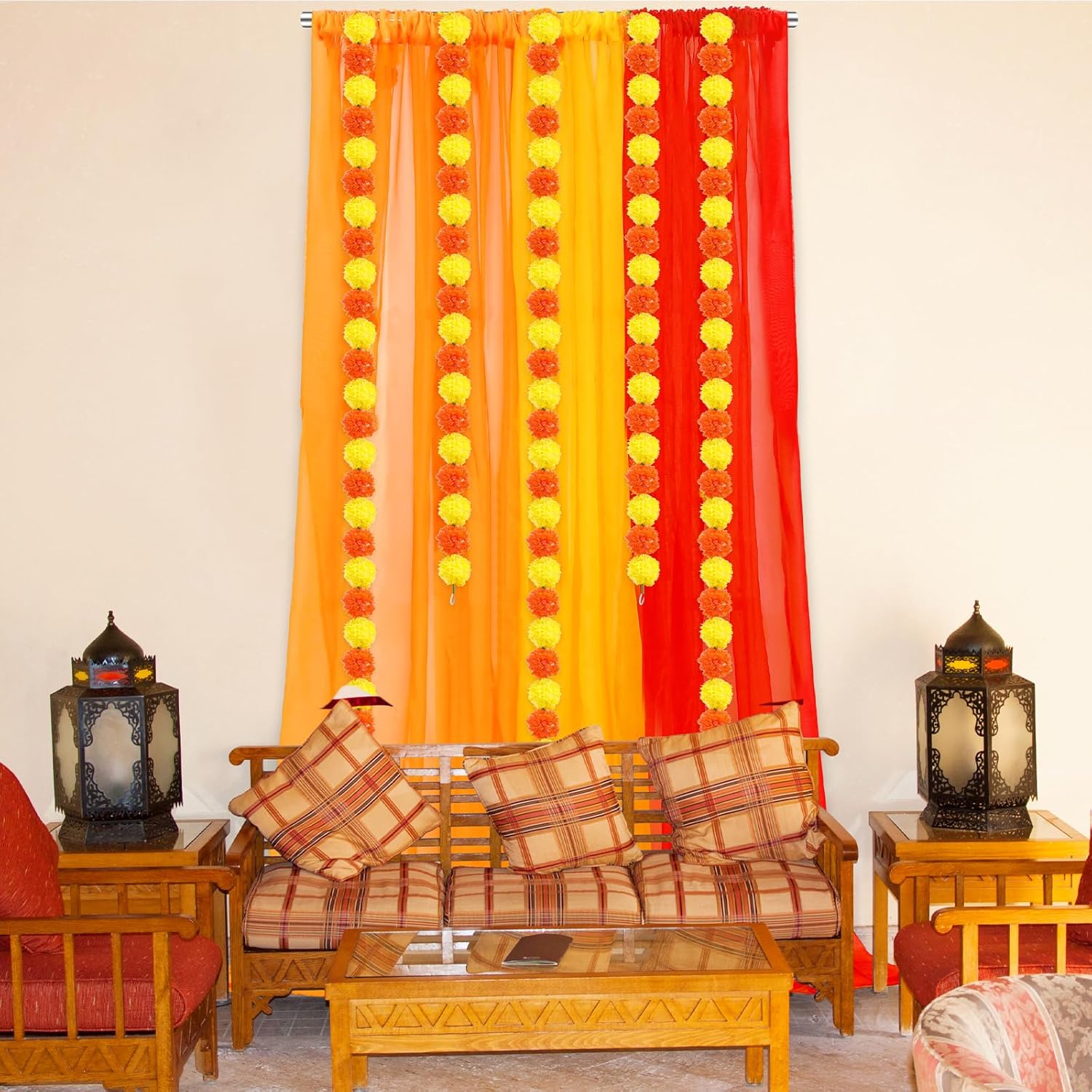 Indian Pooja Backdrop Decoration Items 7X5Ft Diwali Backdrop 5 Artificial Marigold Garland Set Mehndi Home Decorations For Janmashtami, Varalakshmi, Haldi, Puja, Ganesha Party Decor