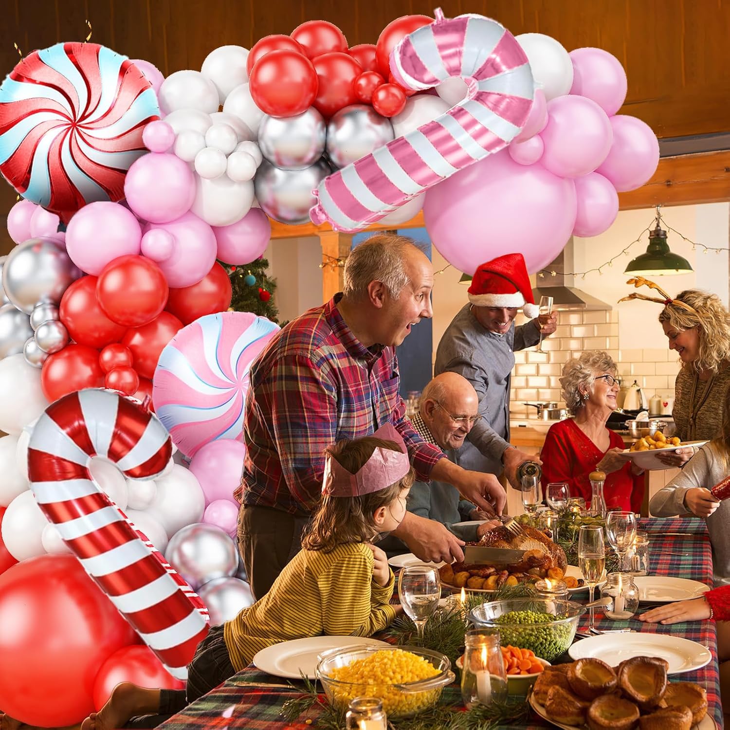 Christmas Balloon Arch Kit, Pink Red White Garland With Metallic Silver Balloons, Candy Cane Foil Balloon For Party Decorations, New Year Xmas Supplies