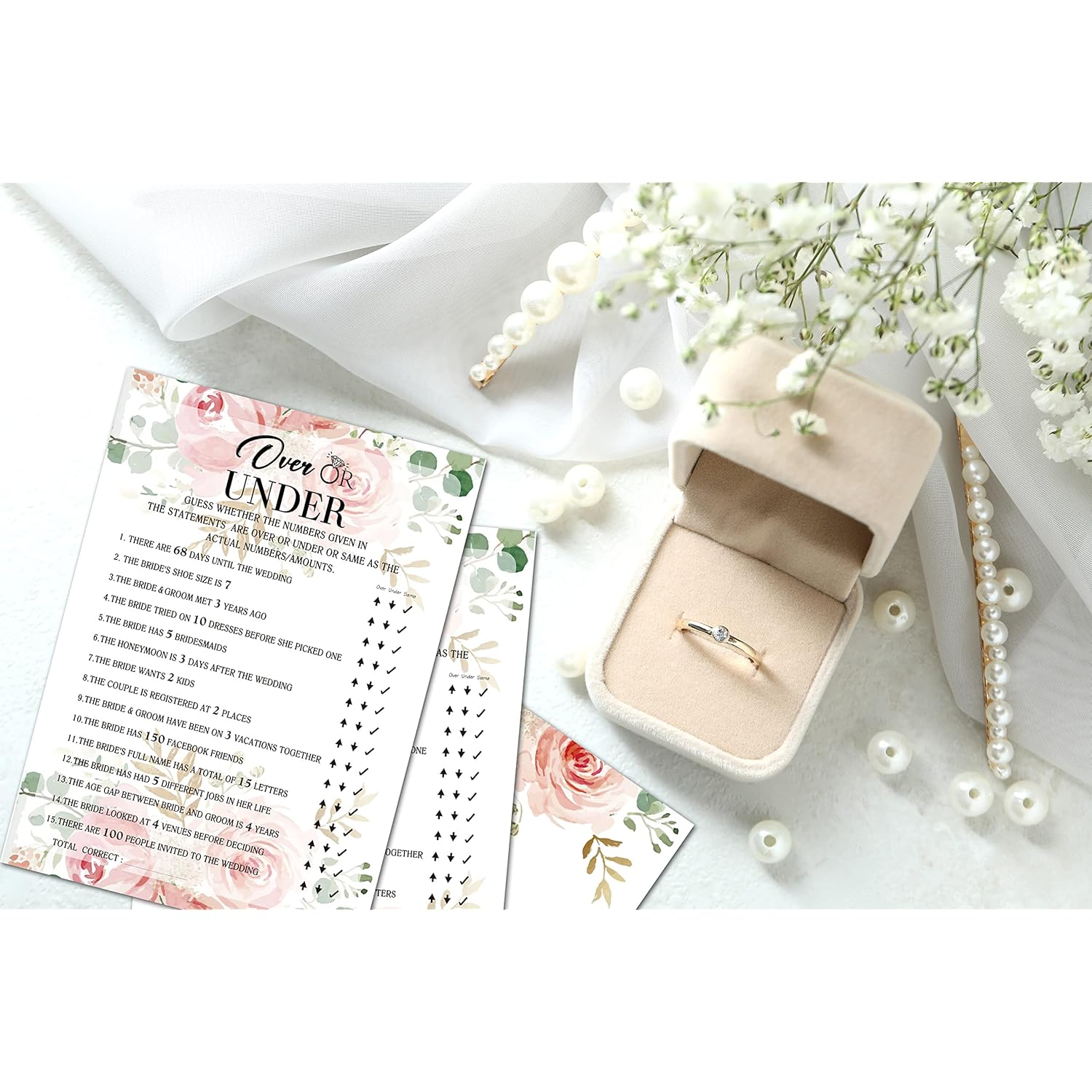Bridal Shower Game Set - Over Or Under Party Cards For Wedding - Floral Wedding Shower Party Favor Decor - Blush Pink Engagement/Bachelorette Party Games Supplies & Activities - 30 Game Cards(C04)