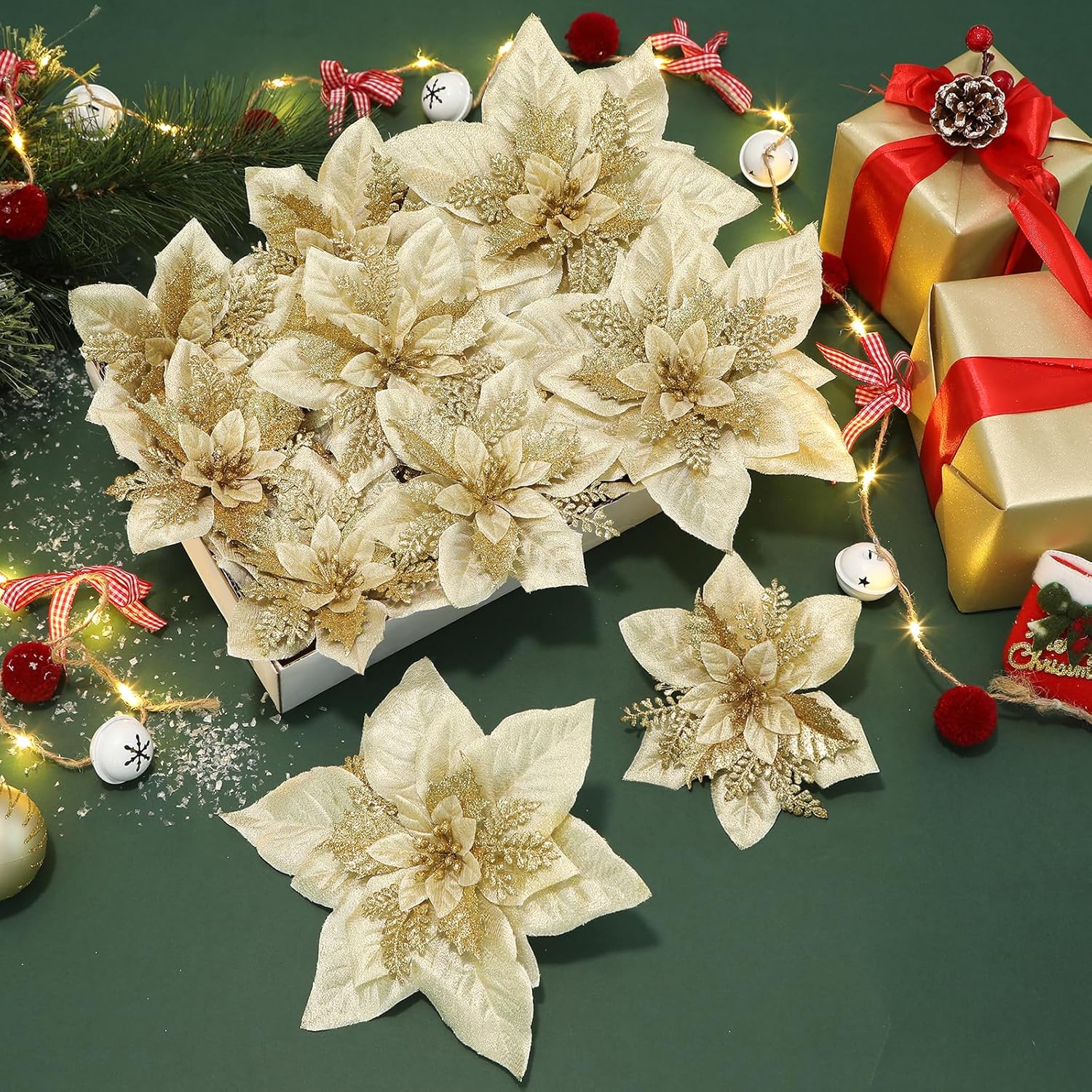 24Pcs 6"& 9 Inch Large Gold Artificial Poinsettia Christmas Flowers Decoration,Glitter Faux Ornaments For Xmas Tree Wreath Garlands New Year Home Decor, Gold