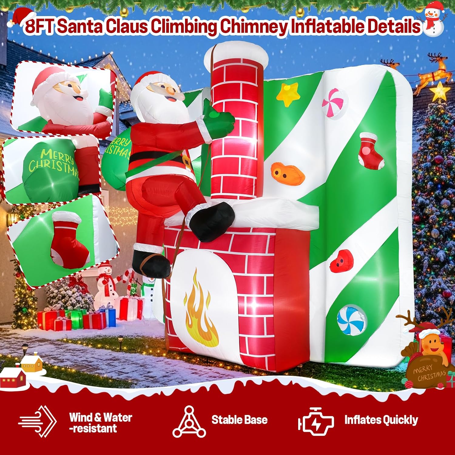 Christmas Santa Claus Inflatables Outdoor, 8Ft Inflatable Santa Claus Climbing The Chimney With Gift Bag, Xmas Blow Up Y