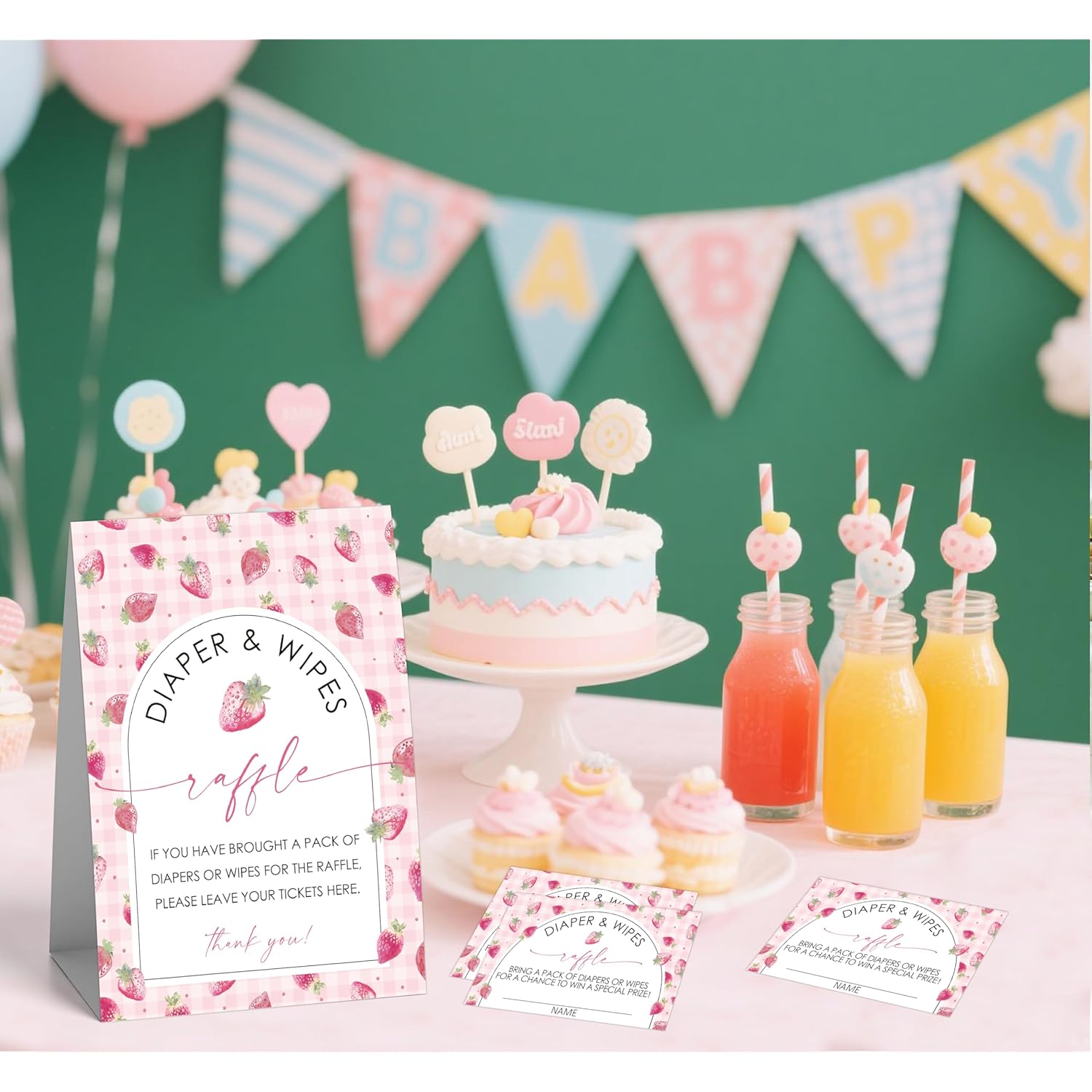 Strawberry Diapers And Wipes Raffle Game For Baby Shower, Diaper Prize Party Decorations, 1 Standing Sign And 50 Raffle Tickets Set, Congratulations For The New Baby