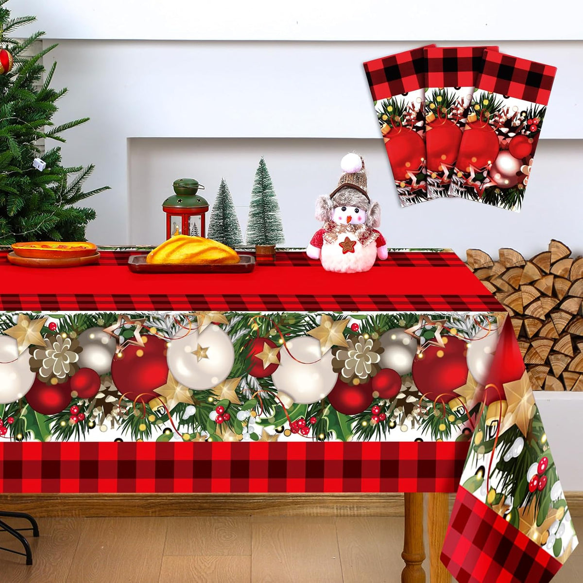 3 Pcs Christmas Tablecloth, 54 X 108 Inch Rectangular Oversize Christmas Ball Tablecloth Set Xmas Ornaments Red Buffalo Plaid Plastic Table Cover For Party Picnic Dinner Kitchen Decor
