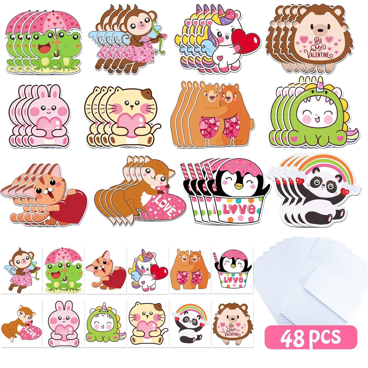 48 Pack Valentines Day Cards For Kids School Large Cartoon Cards With Tattoo Stickers And Envelopes For Boys Girls Classroom Exchange Gifts Activities
