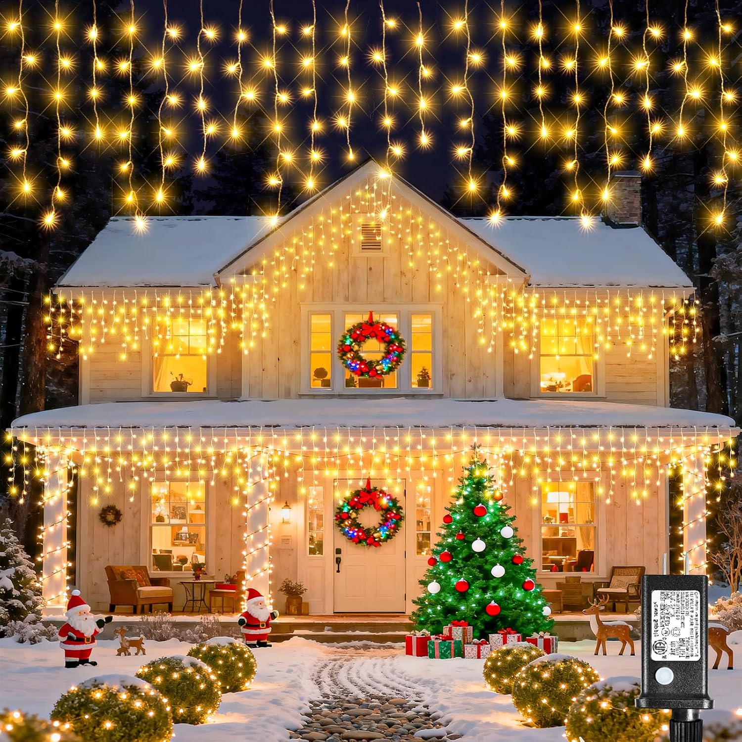 Icicle Lights For Outside, 33Ft 400 Led Icicle Christmas Lights Outdoor, Waterproof & 8 Modes & Timer, Plug In Twinkle String Light For Indoor Patio Party Wedding Xmas Holiday Decorations, Warm White
