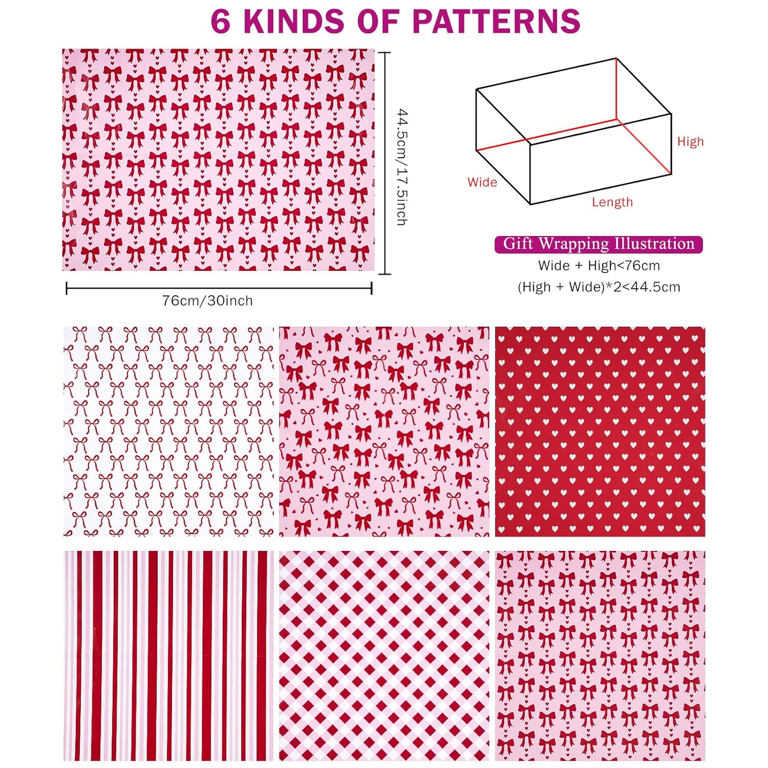 Valentine'S Day Wrapping Paper Sheets, Red And Pink Heart, Bow, Stripe And Plaid Design, Romantic Gift Wrap For Girls, Birthday, Anniversary, Bridal Shower, 6 Folded Sheets, 19.68 X 27.5 Inch