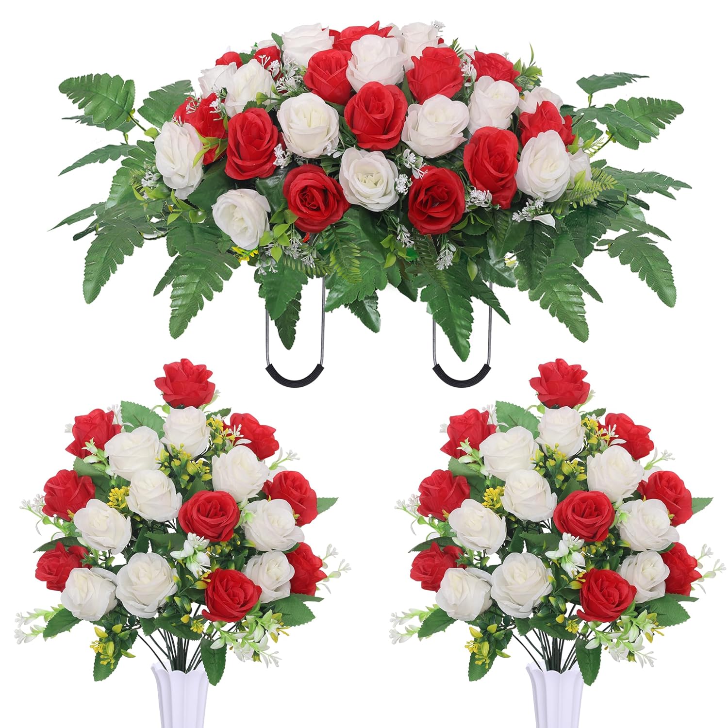 Headstone Flower Saddle,Cemetery Memorial Flowers With Vase For Grave Tombstone Decorations,Artificial Rose Bouquet Grave Memorial Day Flowers For Cemetery (Red White)