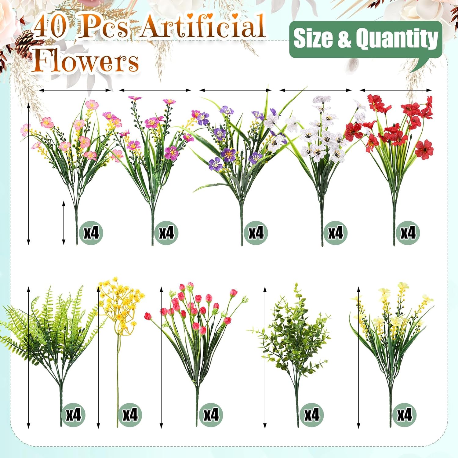 40 Bundles Artificial Flowers For Outdoor No Fade Faux Artificial Plants Shrubs Plastic Fake Flower 10 Kinds Uv Resistant Faux Flowers For Garden Porch Window Decoration(Mix 2)