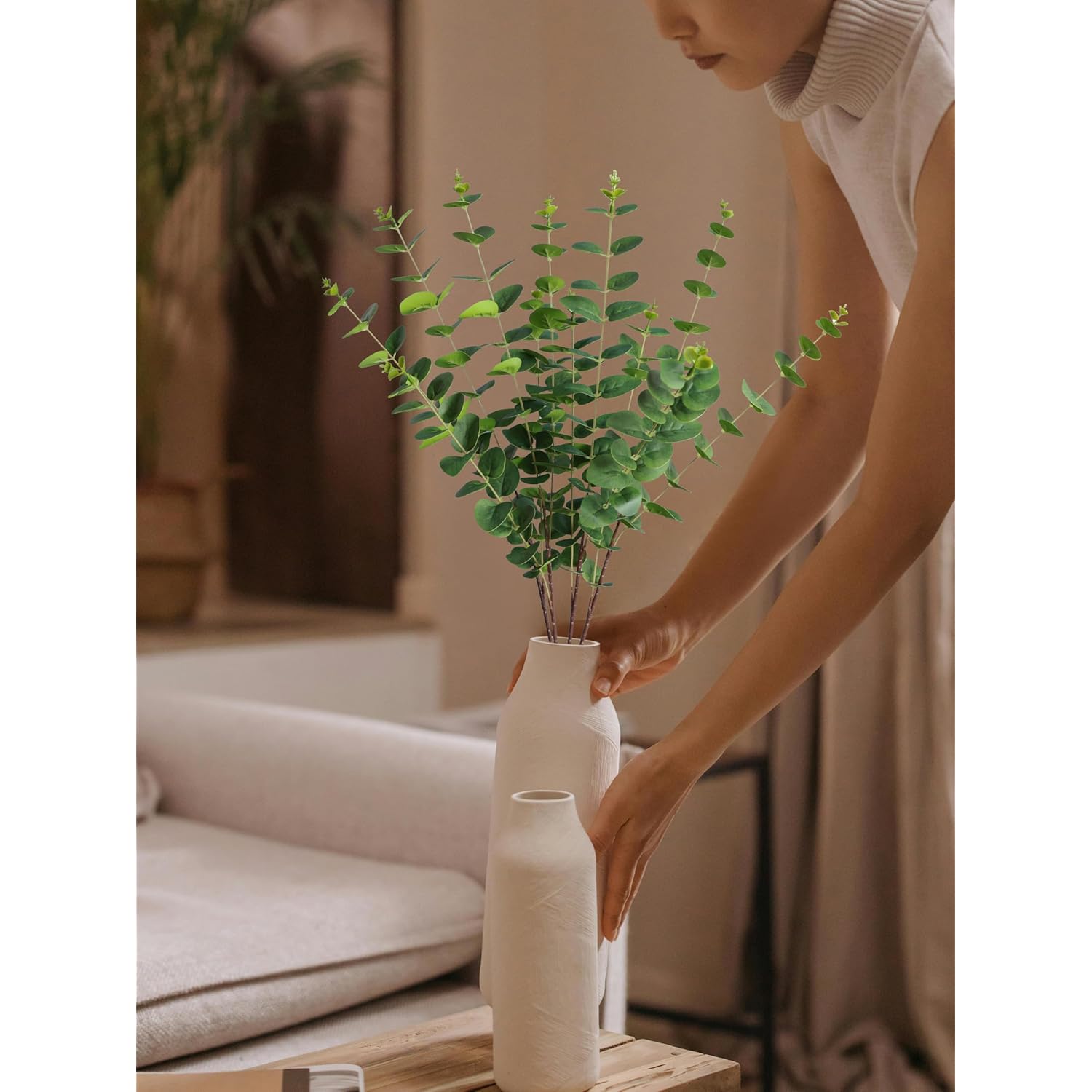 4Pcs 32" Tall Green Artificial Eucalyptus Leaves Greenery Stems Fake Flowers Plants Branches For Vase Home Decor Indoor Office Arrangements Decoration