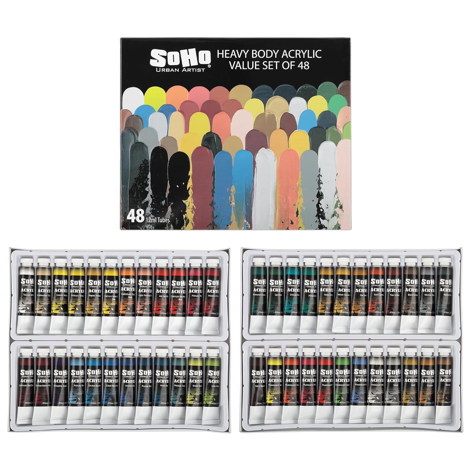 Acrylic Paint - Thick, Rich, Water-Resistant, Heavy Body Paint, Assorted, Set Of 48-12Ml