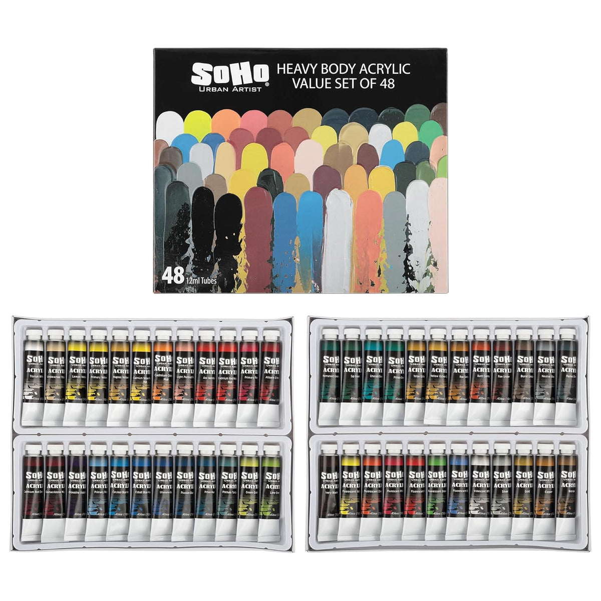 Acrylic Paint - Thick, Rich, Water-Resistant, Heavy Body Paint, Assorted, Set Of 48-12Ml