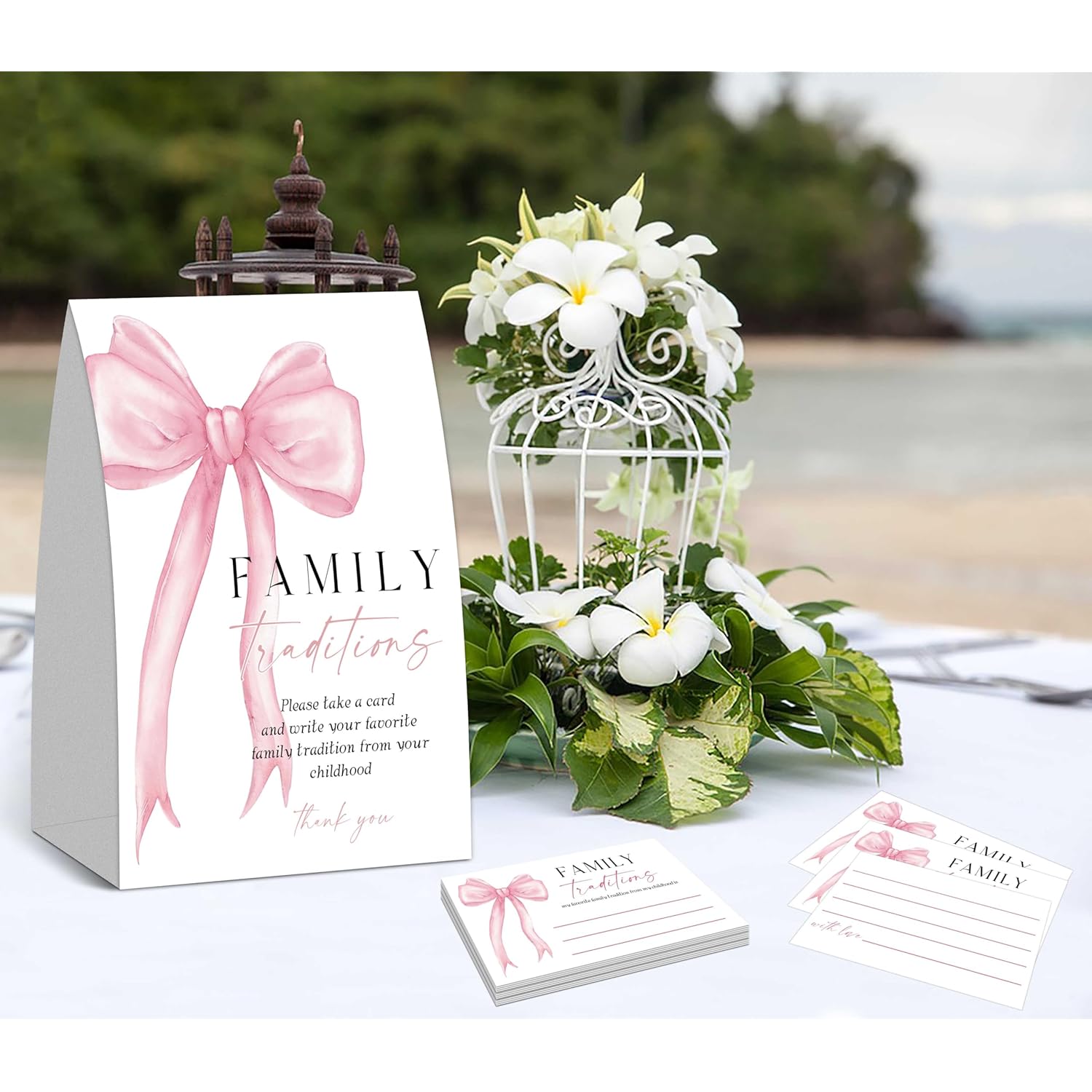 Family Tradition Cards For Baby Shower Games, Pink Bow Theme Baby Shower Game, 1 Standing Sign And 50 Advice Cards, Gender Reveal Party Supplies, Newborn Announcement Party Decorations