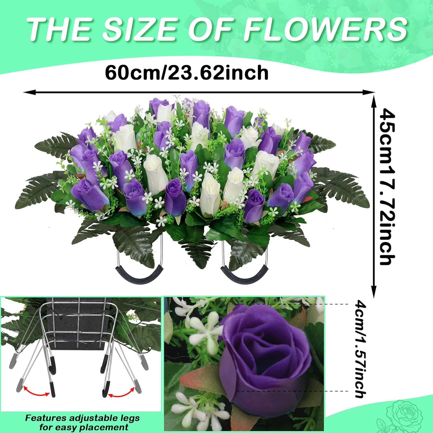 Artificial Cemetery Flower Saddles,Complete Memorial Flower Set,Cemetery Flowers For Grave,Memorial Grave Flowers For Tombstone Decoration (Purple White)