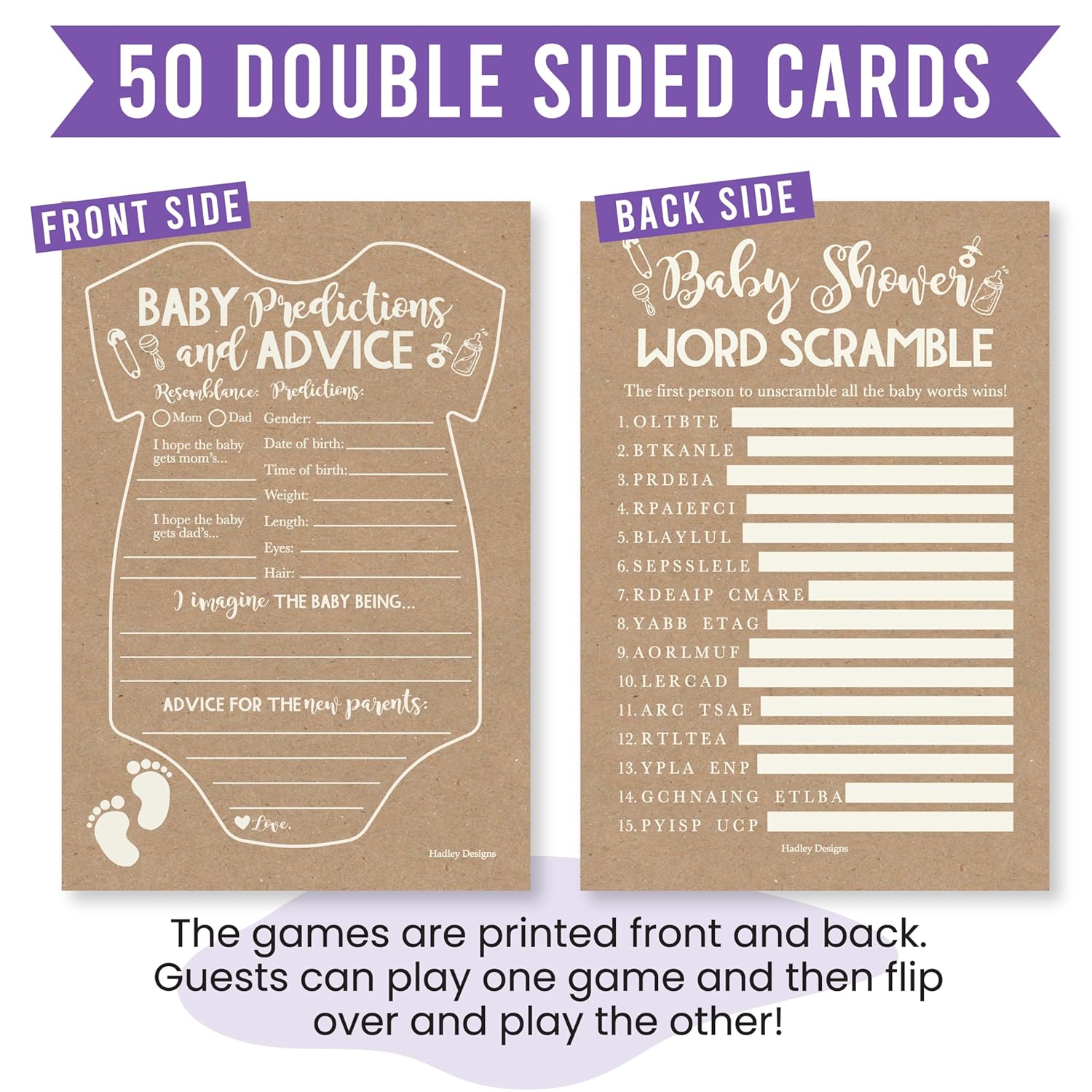 Baby Shower Games For 50 Guests - Predictions & Advice Cards For New Parents, Word Scramble Baby Shower Game, Kraft Babyshower Games For Girl Boy Gender Neutral, Designed In Usa