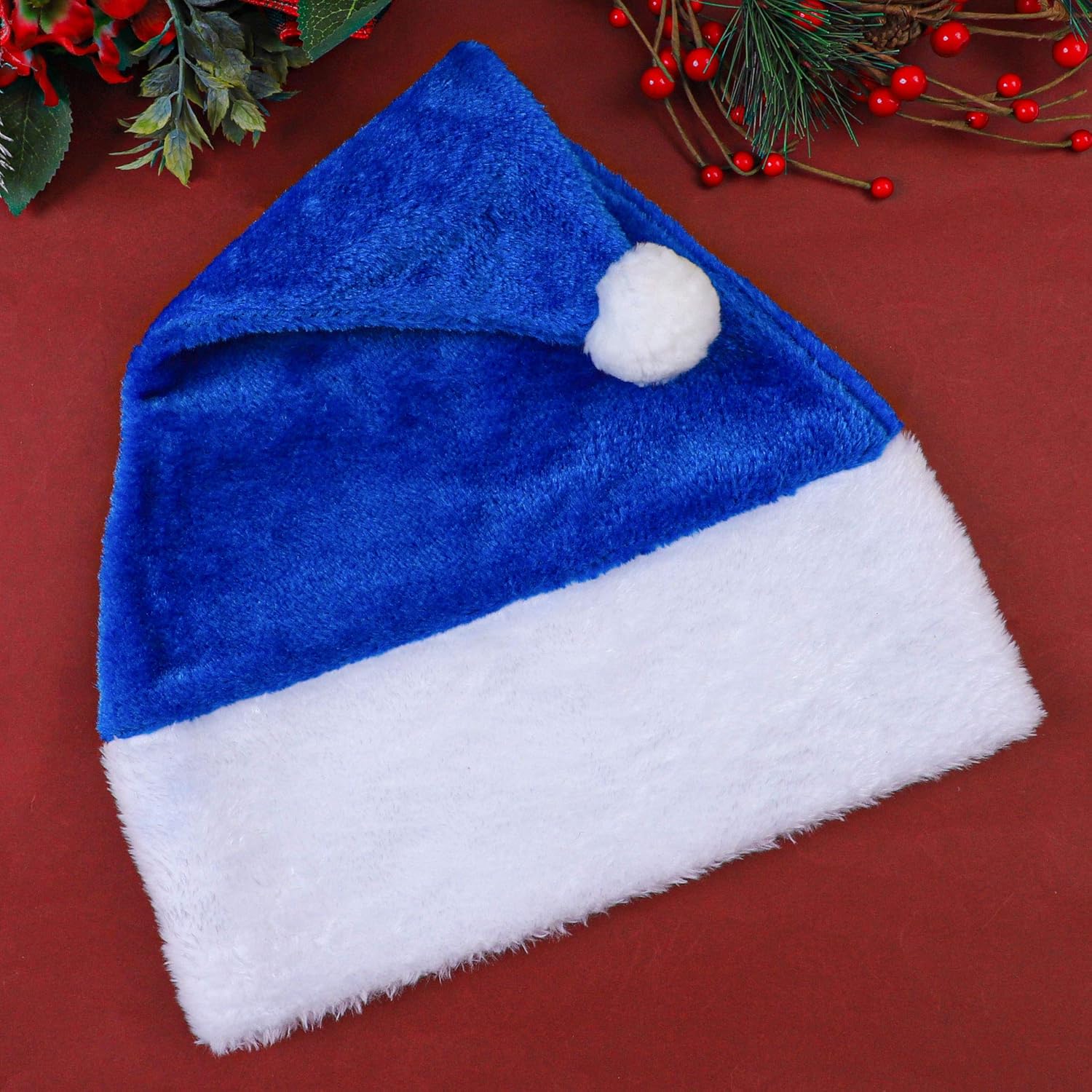 6 Pack Blue Santa Hats With White Cuffs, Short Plush Fabric Christmas Hats For Xmas Party Supplies