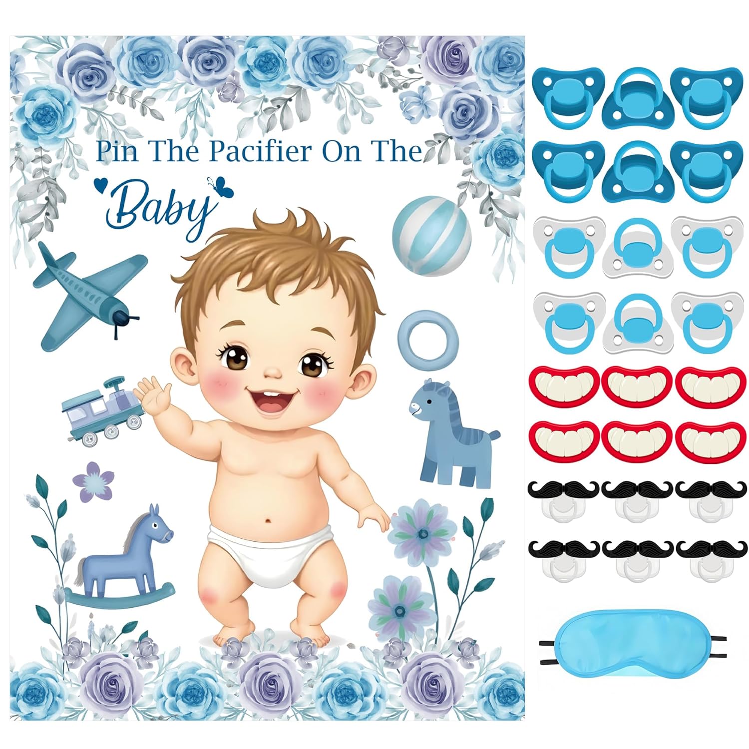 Pin The Pacifier On The Baby Game Include Large Poster 24Pcs Pacifier Stickers Blindfold Set Family Interaction Game For Blue Baby Shower Birthday Party