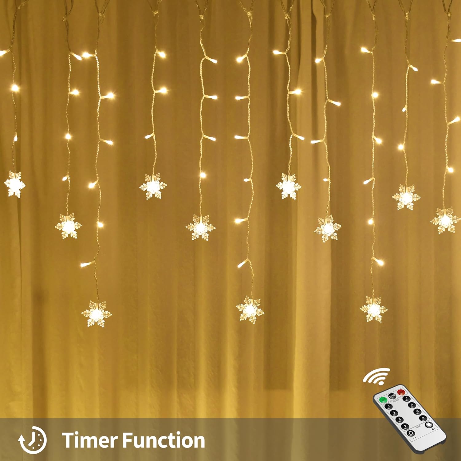 Snowflake Window Curtain Lights, 13Ft 96 Led Snowflake Christmas Icicle Lights With Remote,18 Drops,8 Modes Twinkle Fair