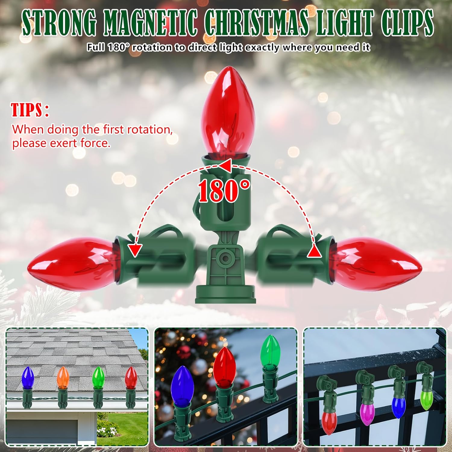 Rotatable Magnetic Christmas Light Clips?C7/C9 Magnetic Light Clips Hooks, Outdoor Magnet Christmas Light Clips For Metal Roof Flashing Gutters 60Pcs