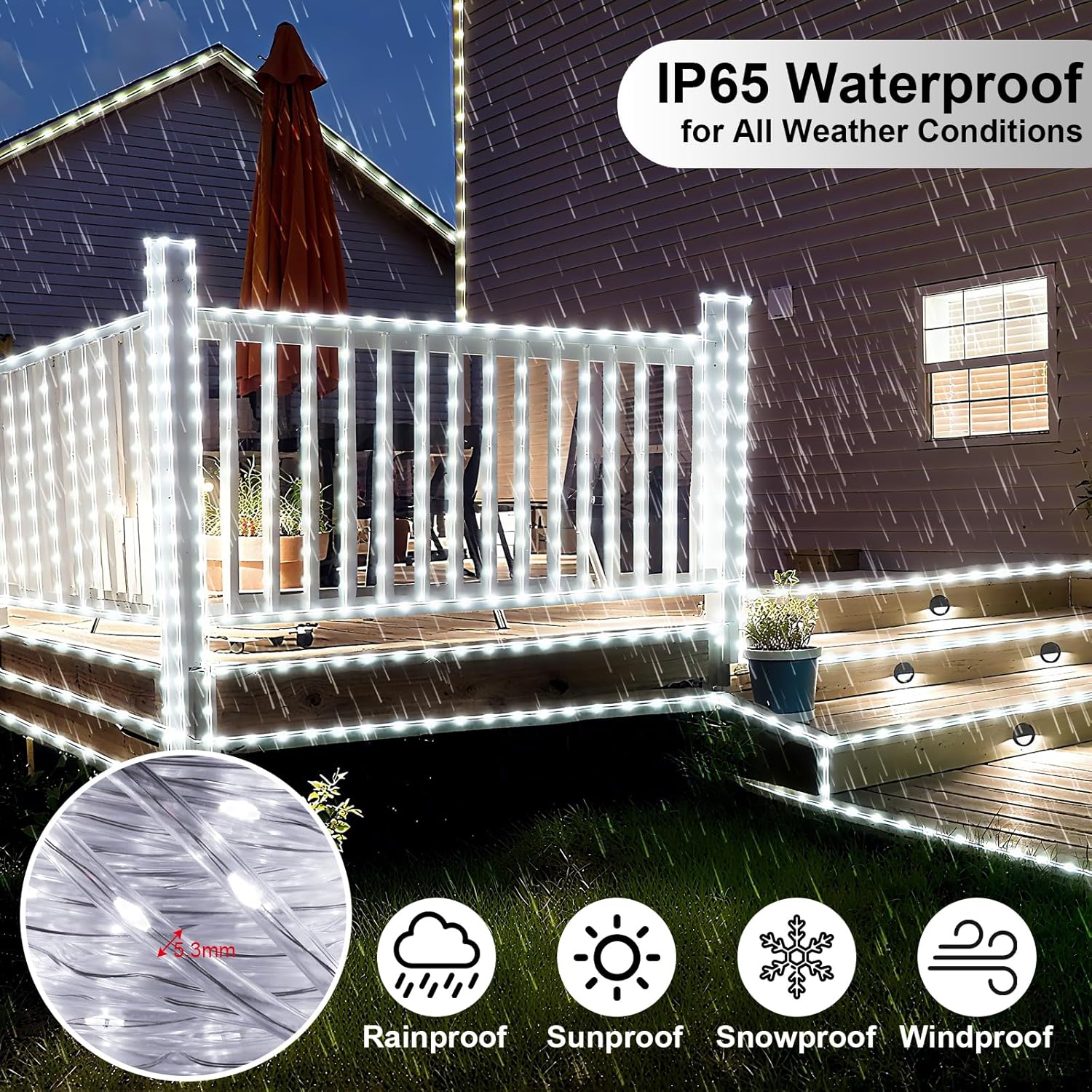 Total 66Ft 200Led Solar Rope Lights Outdoor Waterproof, White Solar Powered String Lights With 8 Modes, Flexible Led Rope Light For Garden, Patio, Camping, Christmas Decor-2 Pack
