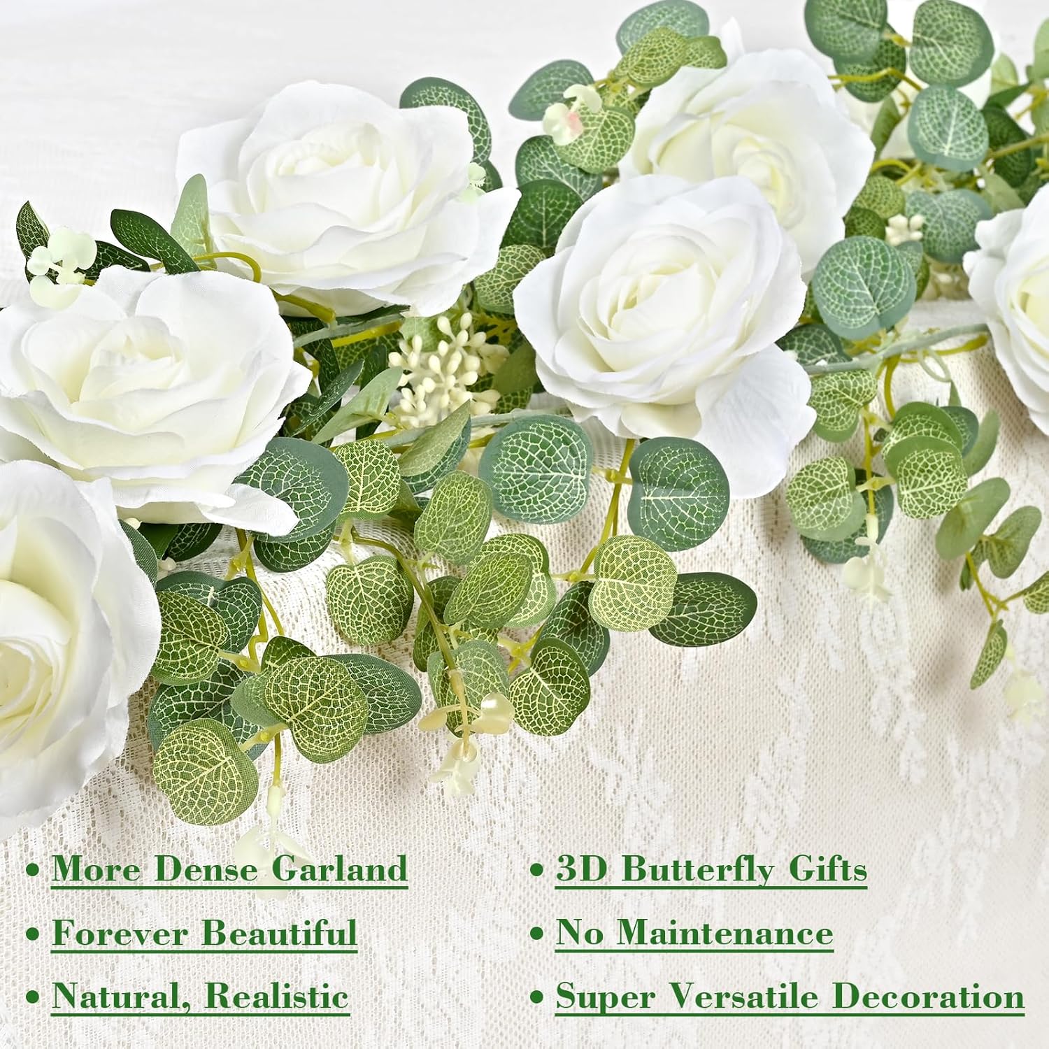 6.6 Ft White Flower Garland With 3D Butterfly, Artificial Eucalyptus Garland With Flowers Fake Rose Vine For Table Centerpiece Wedding Arch Baby Shower Party Room Backdrop Decor