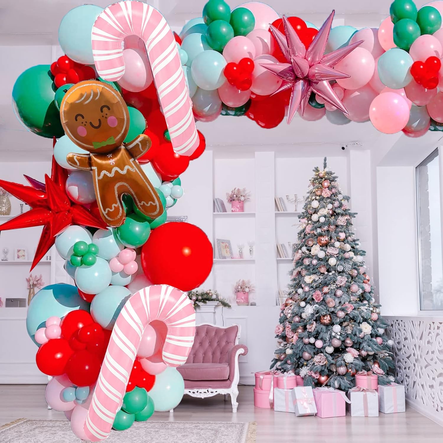 Christmas Balloon Garland Arch Kit With 143 Pcs Xmas Pink Green Red Balloons Cane Candy Foil Balloons For Christmas Party Decorations Xmas New Year Birthday Party Supplies