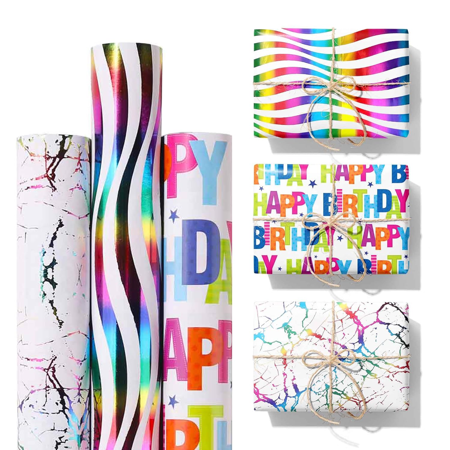 3 Rolls Birthday Wrapping Paper Roll - 17 In X 120 In Per Roll - Sparkly Rainbow Holographic Wrapping Paper For Girls Kids Birthday Gift Wrap