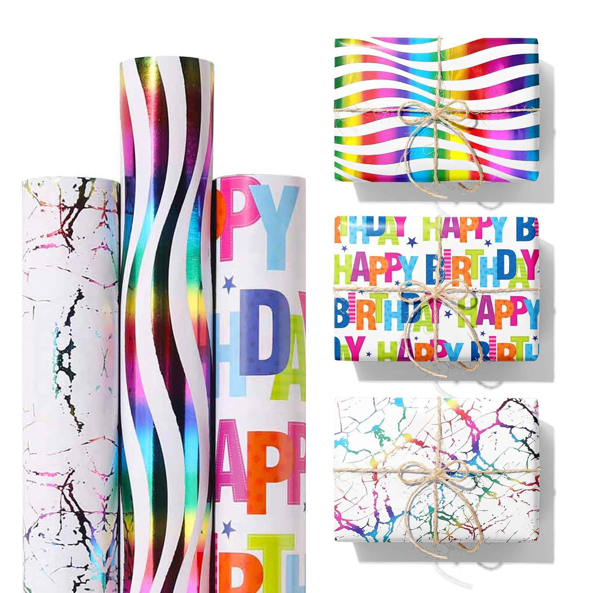 3 Rolls Birthday Wrapping Paper Roll - 17 In X 120 In Per Roll - Sparkly Rainbow Holographic Wrapping Paper For Girls Kids Birthday Gift Wrap