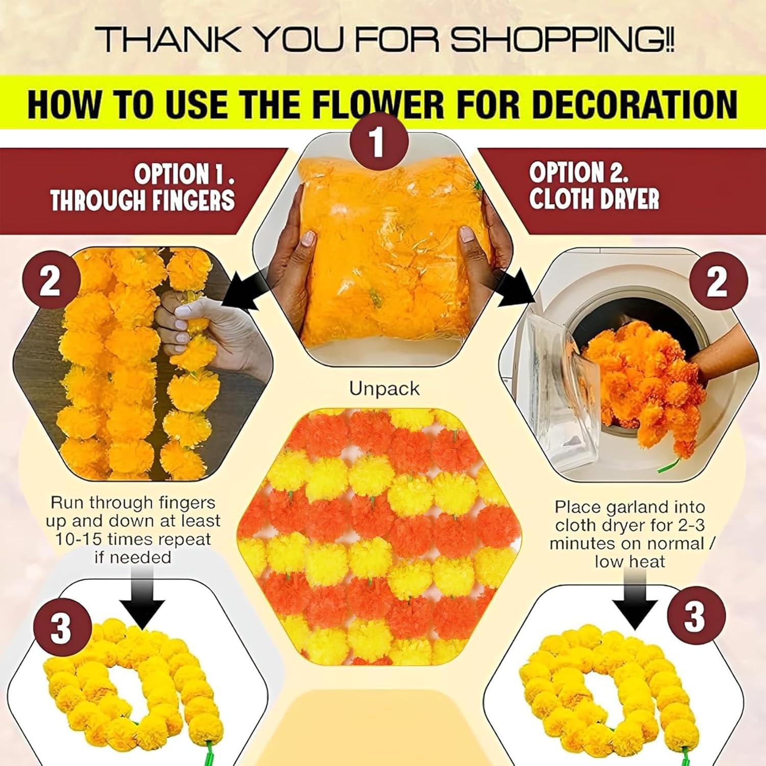 5Pcs Marigold Garland 5 Feet Long Artificial Flowers For Indian Diwali Pooja Wedding Party Home And Event Decoration (5, Orange)