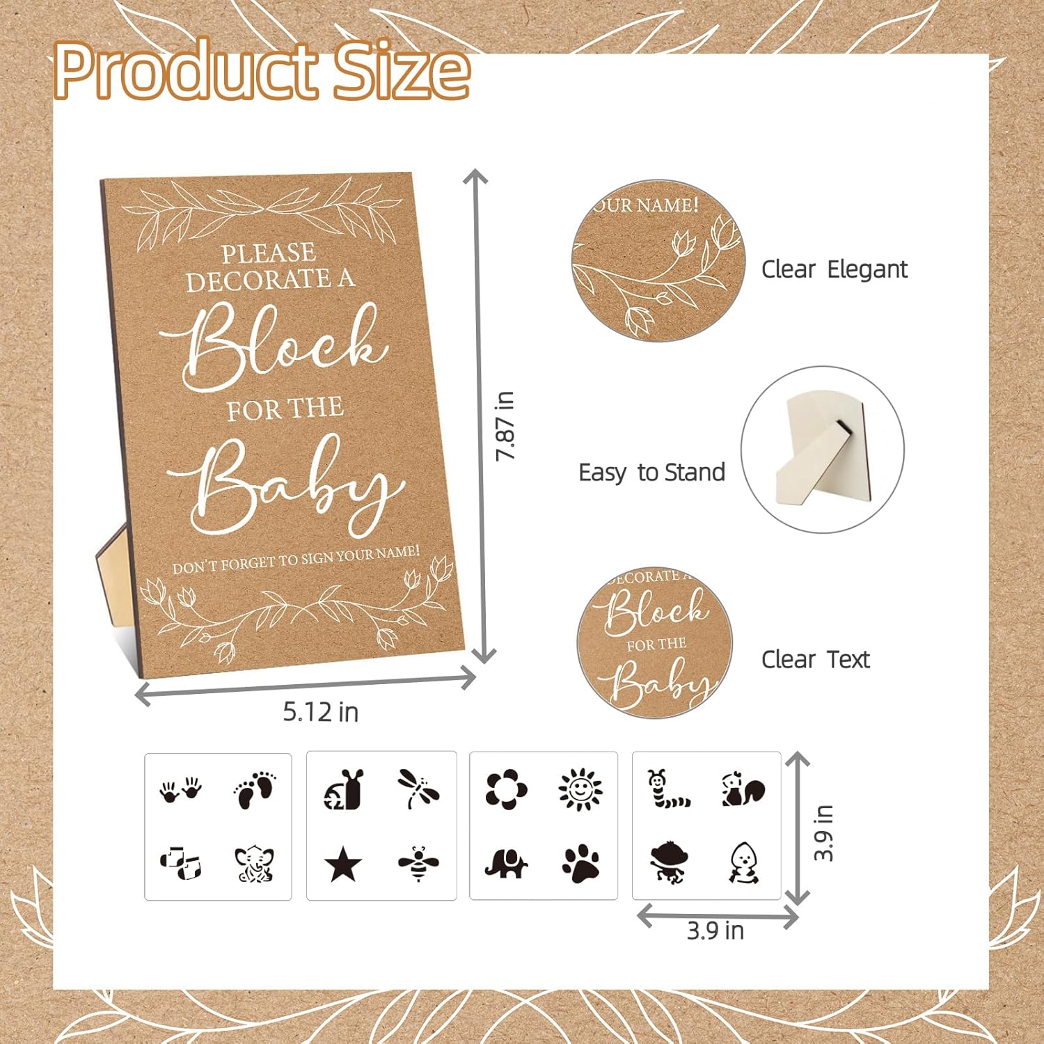 97 Pcs Baby Shower Game Sign Set Includes Decorative Square Signs 56 Diy Blank Wooden Blocks 20 Paint Markers (Kraft)