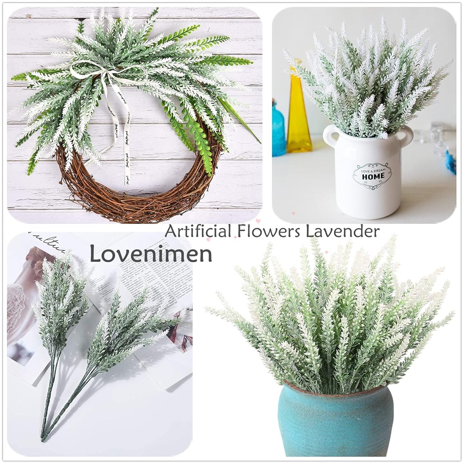 Artificial Flowers Lavender Plastic Plant Fake Wedding Bride Bouquet Indoor Outdoor Home Decor Garden Patio Table Centerpieces Arrangements Decoration White 4 Pcs