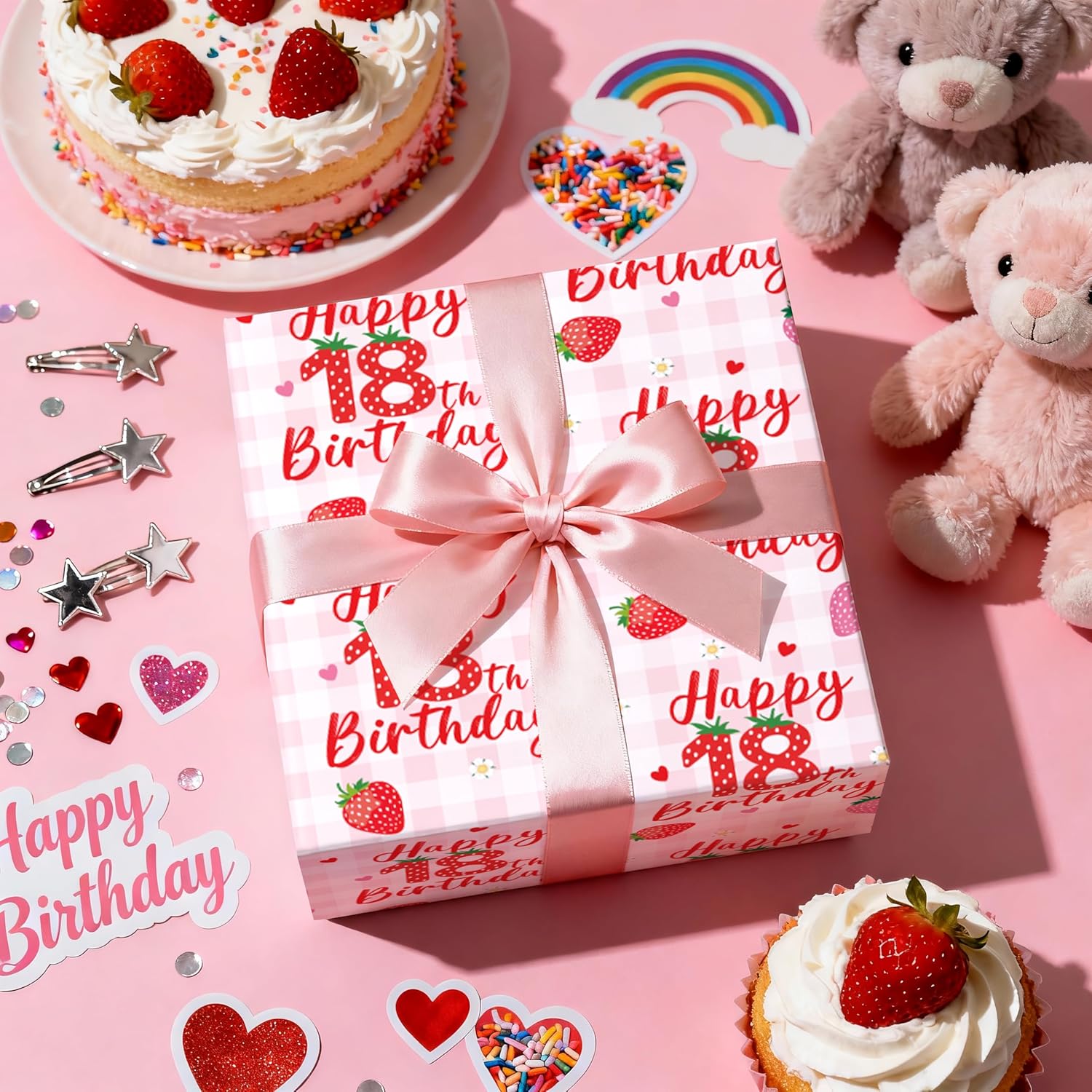 Happy 18Th Birthday Wrapping Paper Roll, Strawberry & Pink Gingham Gift Wrap For Girl’S Eighteenth Age18 Birthday Party, Gifts & Decorations, Mini Roll 17 In X 16.4 Ft